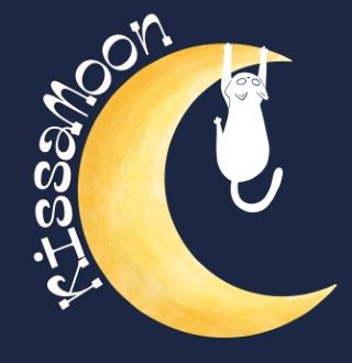 KissaMoon logo: A white cat dangling from a crescent moon.