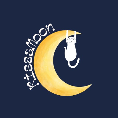 KissaMoon logo: A white cat dangling from a crescent moon.