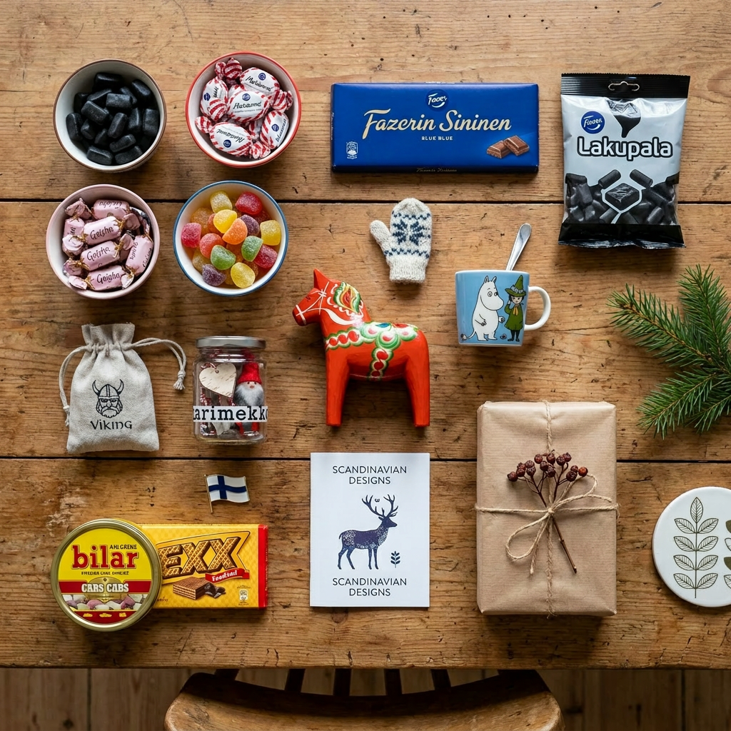 Various Scandinavian candies, mugs, wooden horse, wrapped gift, and decorations arranged on wooden surface